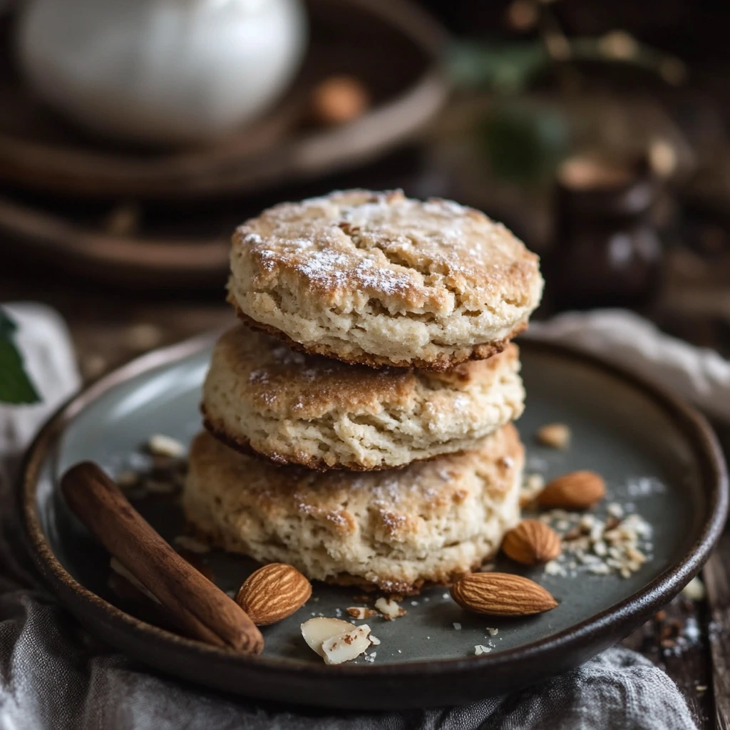 A stack of three fluffy almond flour biscuits on a rustic plate, surrounded by whole almonds and cinnamon sticks.