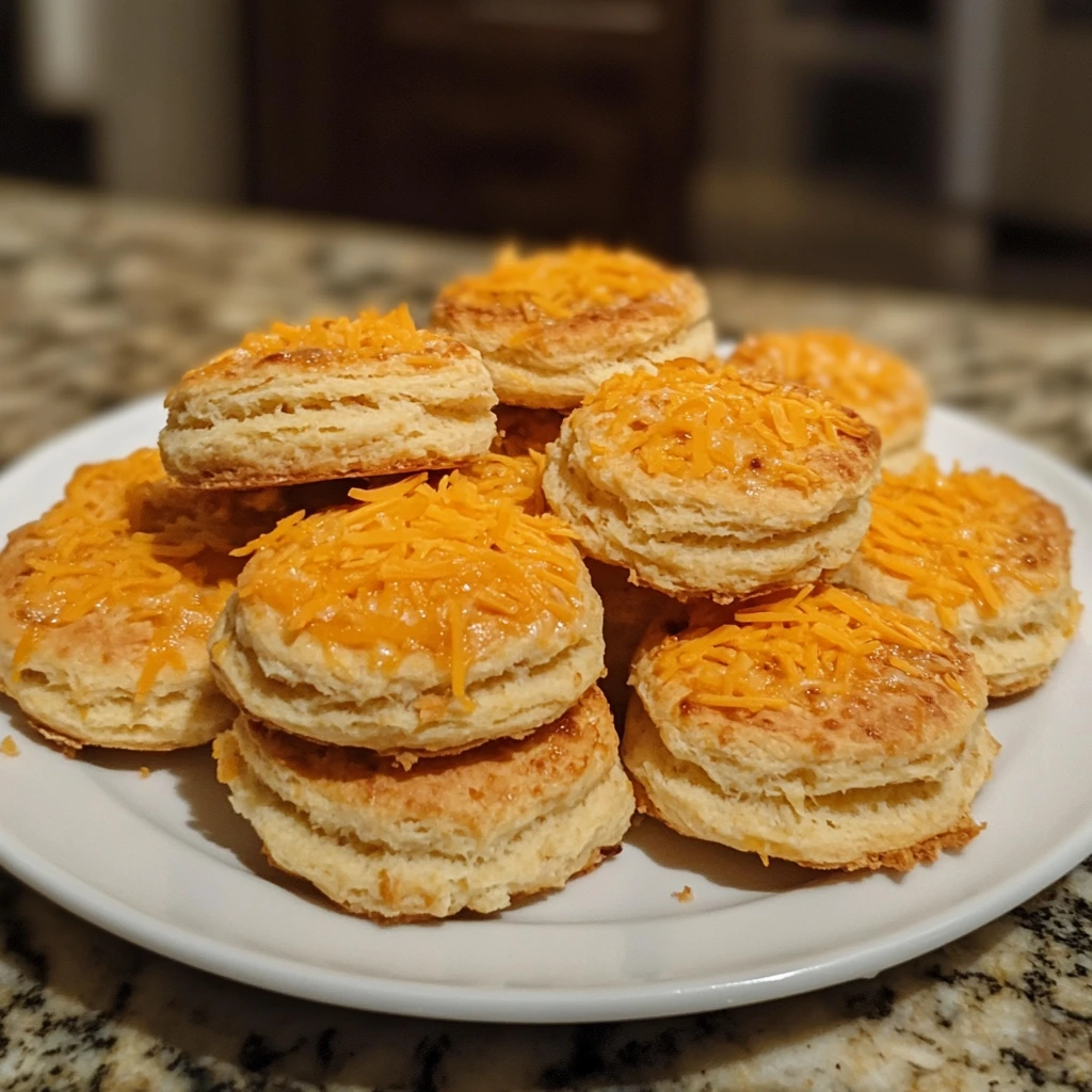 Almond flour biscuits with grated cheddar, golden brown and flaky, served on a plate.