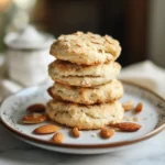 A stack of fluffy almond flour biscuits surrounded by whole almonds on a rustic plate.