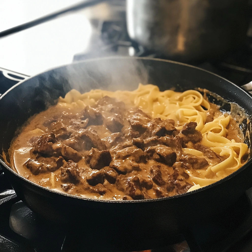 A steaming pan of beef stroganoff with tender beef chunks in a rich, creamy sauce, served with egg noodles, cooking on a stovetop.