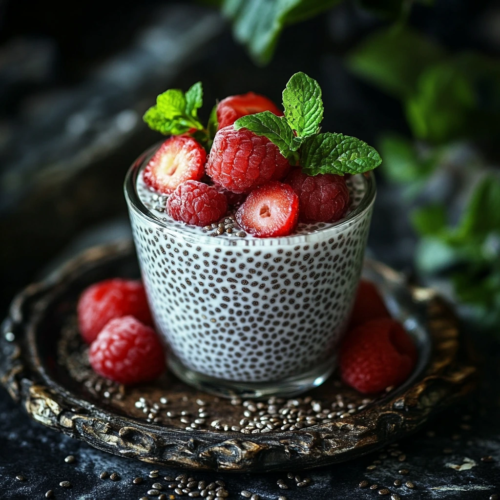 A glass of creamy chia pudding topped with fresh raspberries, sliced strawberries, and mint leaves, served on an ornate wooden plate with scattered chia seeds.