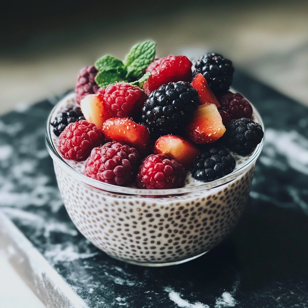 A glass of creamy vegan chia pudding topped with fresh raspberries, strawberries, and a sprig of mint, served on a rustic surface.