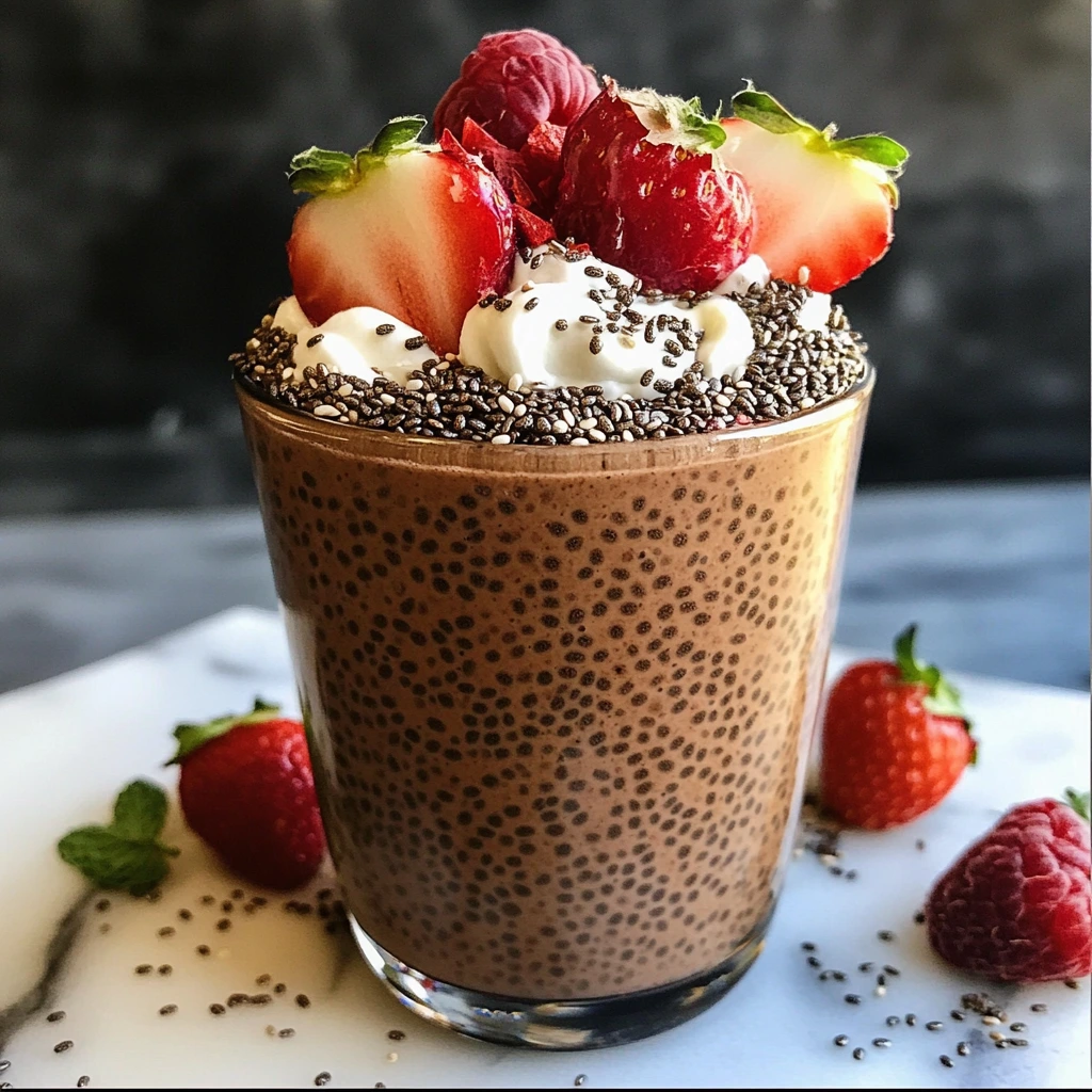 A glass of rich chocolate chia pudding topped with whipped cream, chia seeds, fresh strawberries, raspberries, and a sprinkle of extra chia seeds on a marble surface.