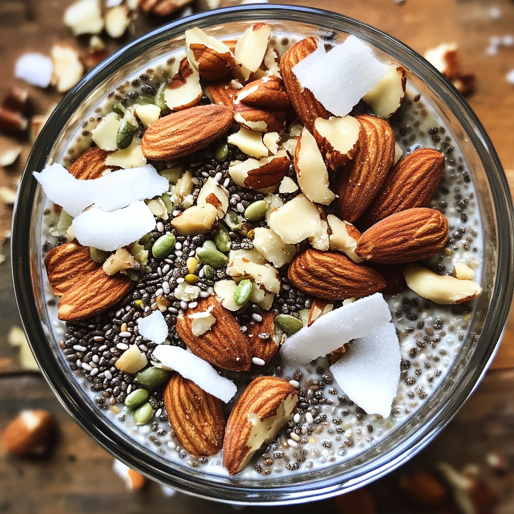 A glass of creamy chia pudding topped with crunchy nuts, hemp seeds, and coconut flakes, served on a rustic wooden surface with scattered ingredients around.