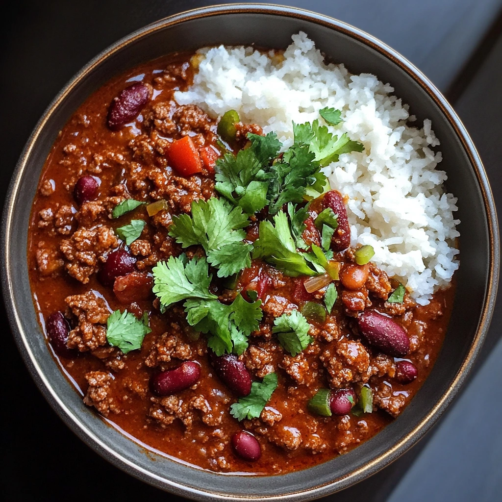 A bowl of chili con carne with kidney beans, ground beef, tomatoes, and spices, garnished with fresh cilantro and served alongside white rice.