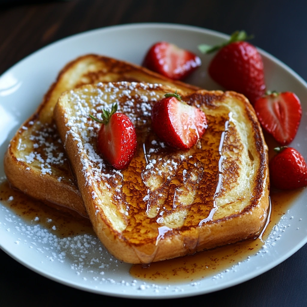 A plate of golden-brown French toast topped with powdered sugar, fresh strawberries, and drizzled with maple syrup.