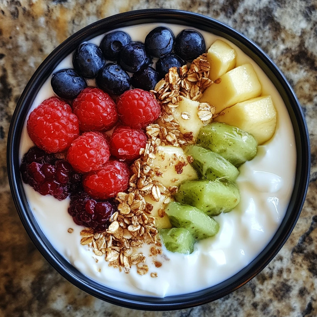 A Greek yogurt bowl topped with fresh berries, kiwi slices, banana, and pineapple, offering a nutritious and delicious meal.