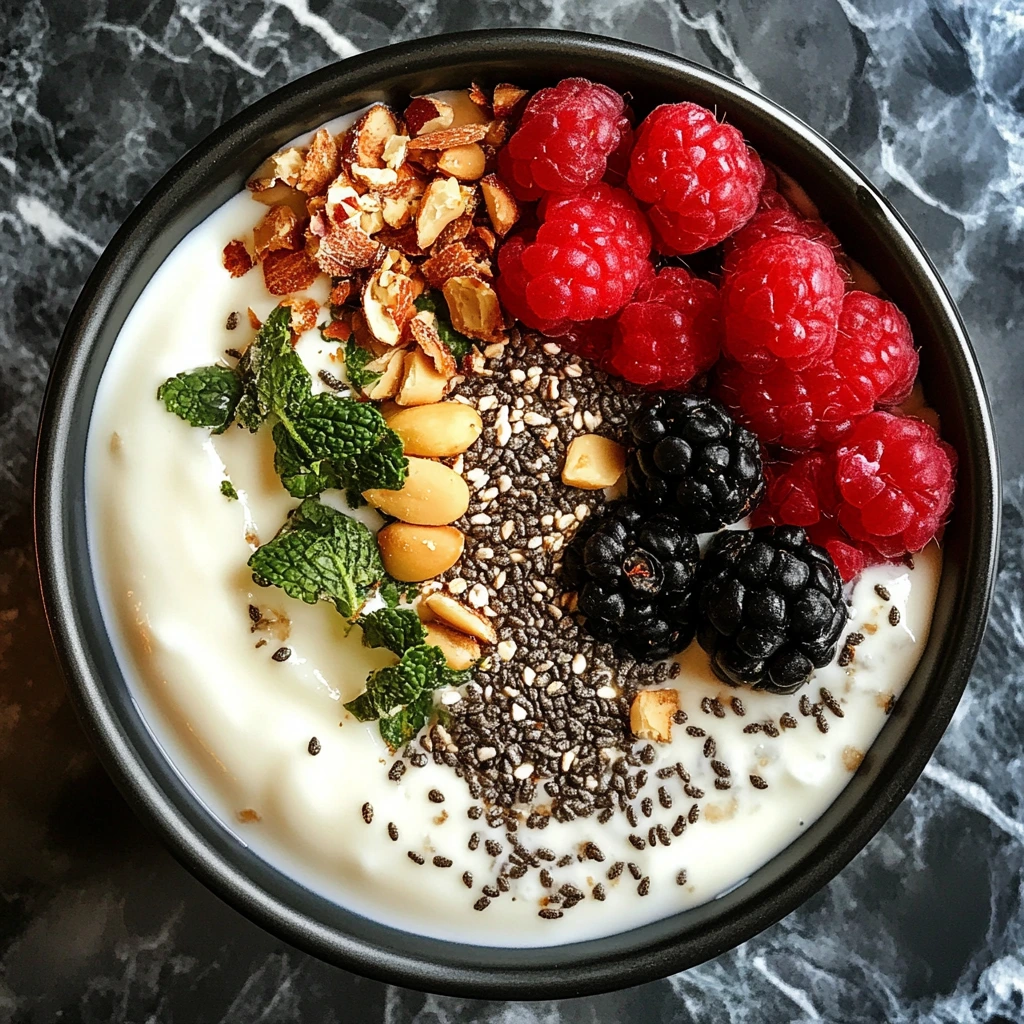 A classic Greek yogurt bowl topped with raspberries, blackberries, nuts, chia seeds, and fresh mint for a nutritious and flavorful meal.
