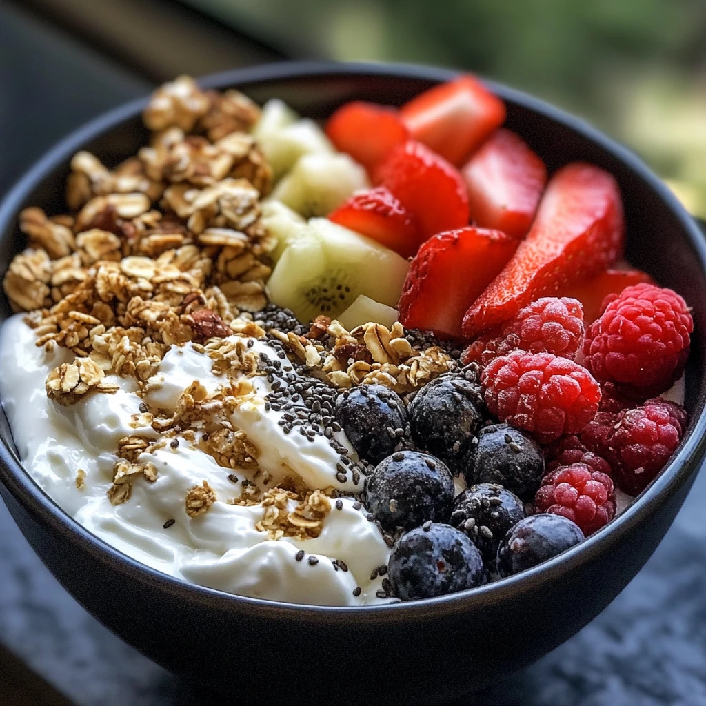 A vibrant Greek yogurt bowl topped with fresh berries, kiwi slices, crunchy granola, and chia seeds for a nutritious and delicious meal.