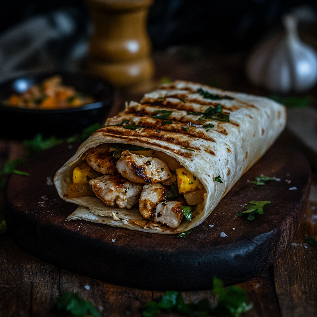 A freshly grilled chicken wrap filled with lettuce, tomatoes, and cheese, served on a wooden board.