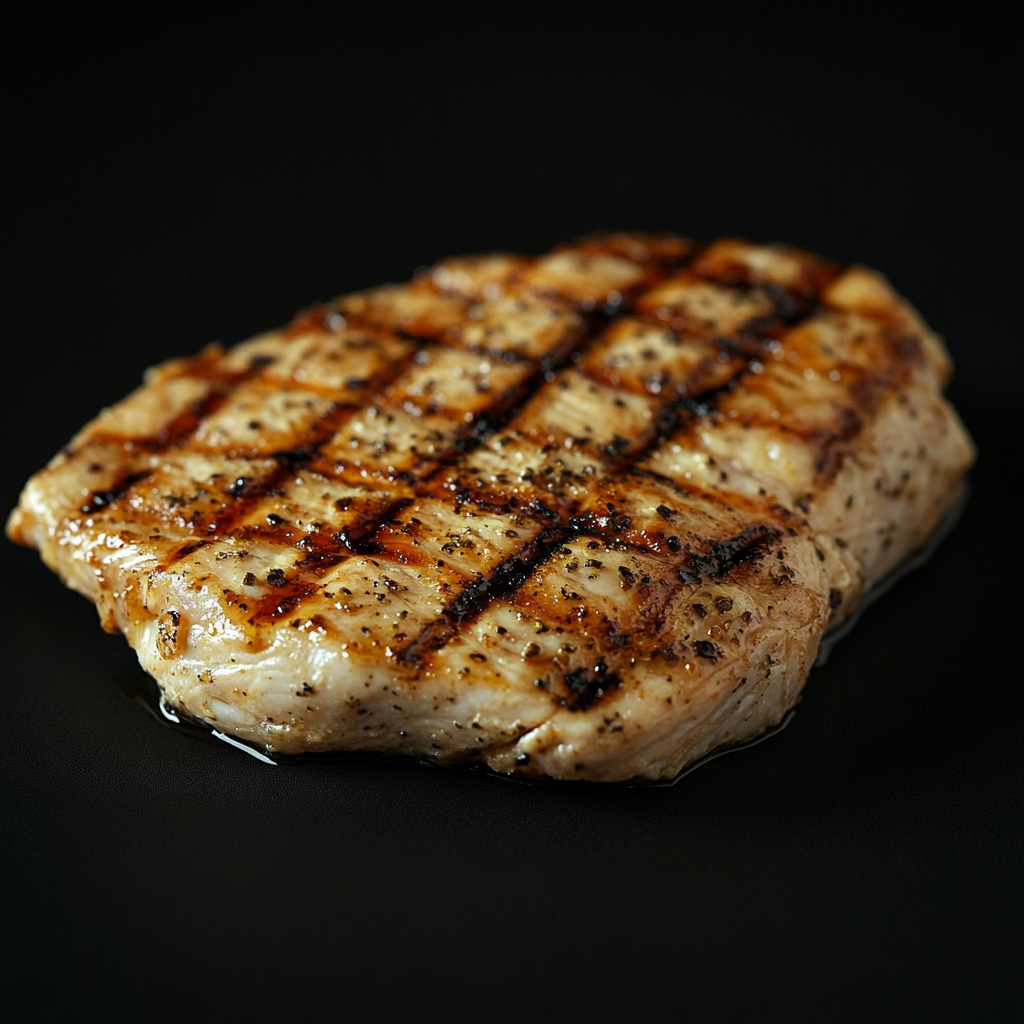 A perfectly grilled chicken breast with golden grill marks.