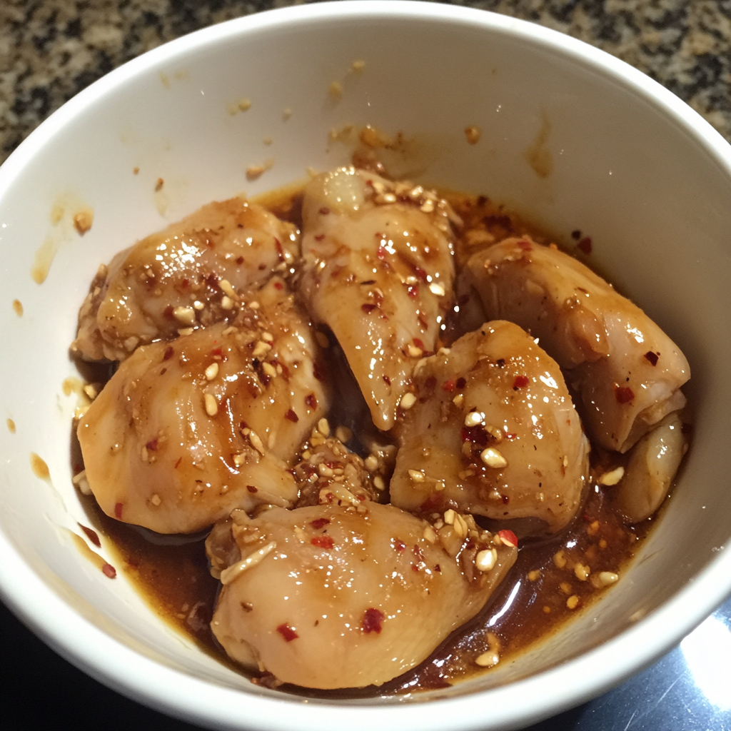 Freshly marinated chicken pieces in a bowl, coated with herbs and spices, ready to be grilled for a delicious chicken wrap.