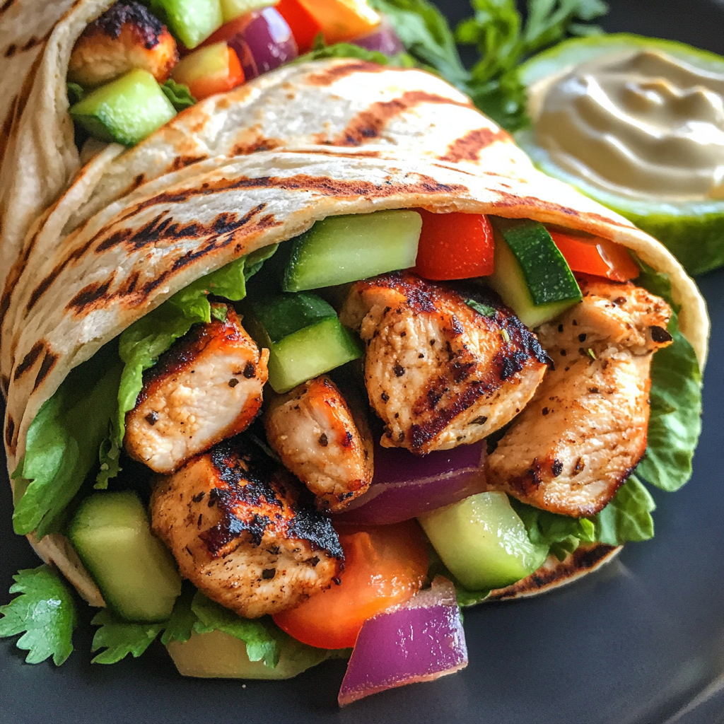 A grilled chicken wrap served with fresh vegetables on a plate, a high-protein and low-fat meal option.