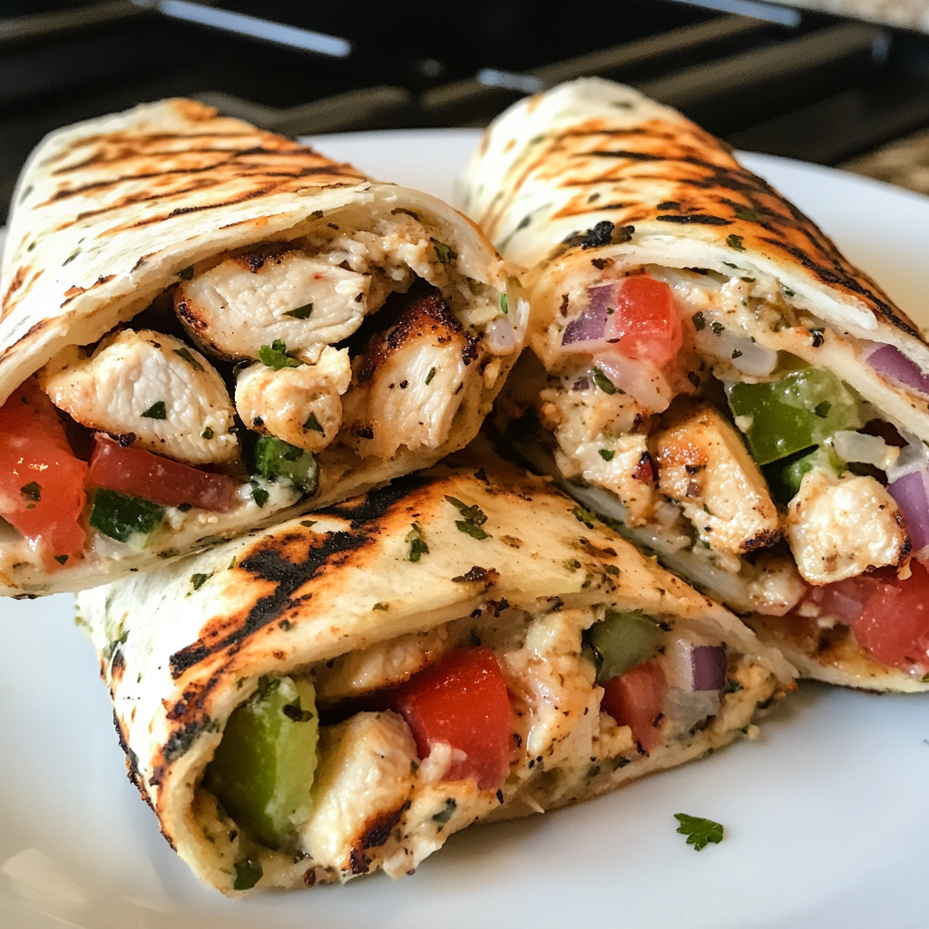 A Mediterranean-inspired grilled chicken wrap filled with seasoned chicken, fresh vegetables, and creamy tzatziki sauce, served on a rustic plate.