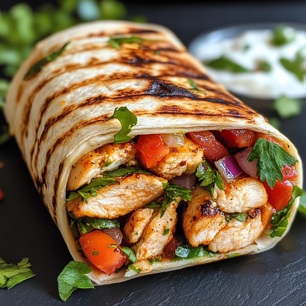 A classic grilled chicken wrap filled with tender chicken, lettuce, tomatoes, and a creamy sauce, wrapped in a soft tortilla.