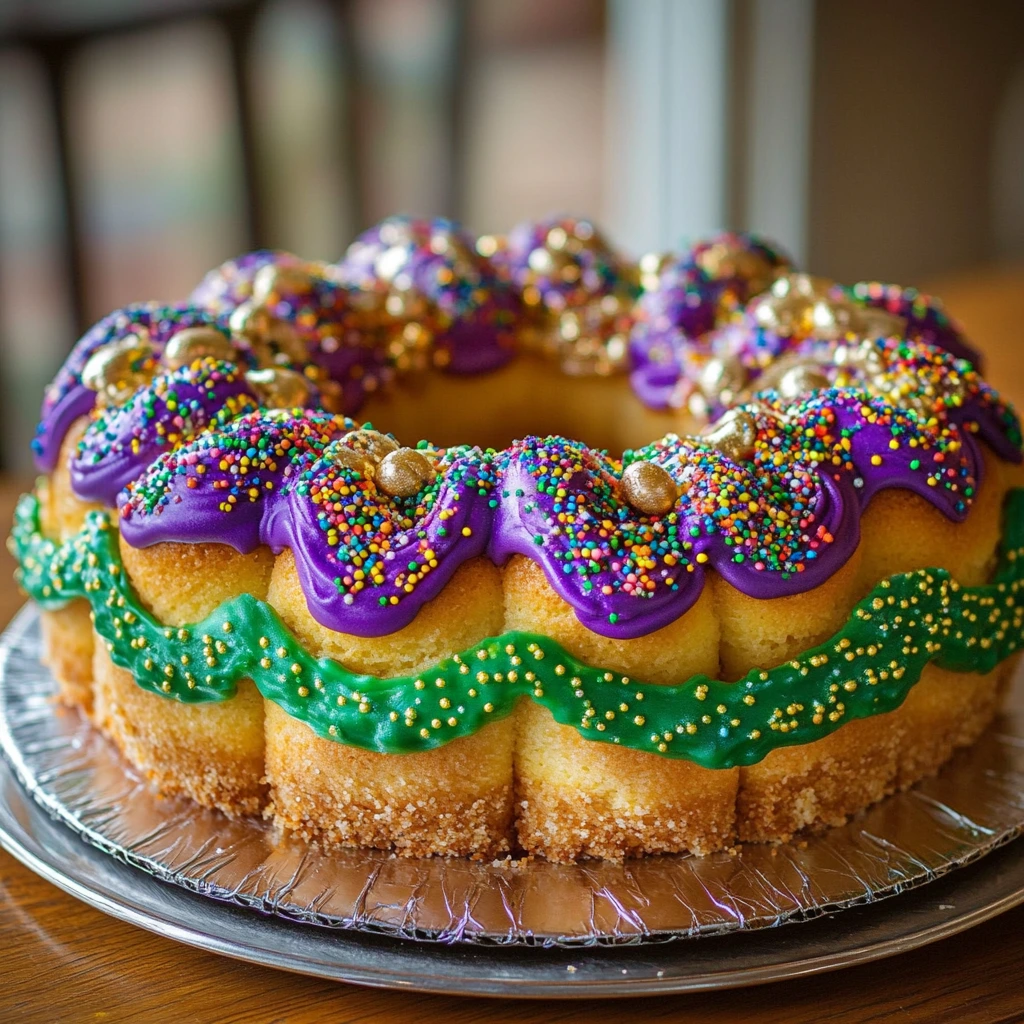 A traditional King Cake decorated with purple, green, and gold sugar, symbolizing Mardi Gras celebrations.