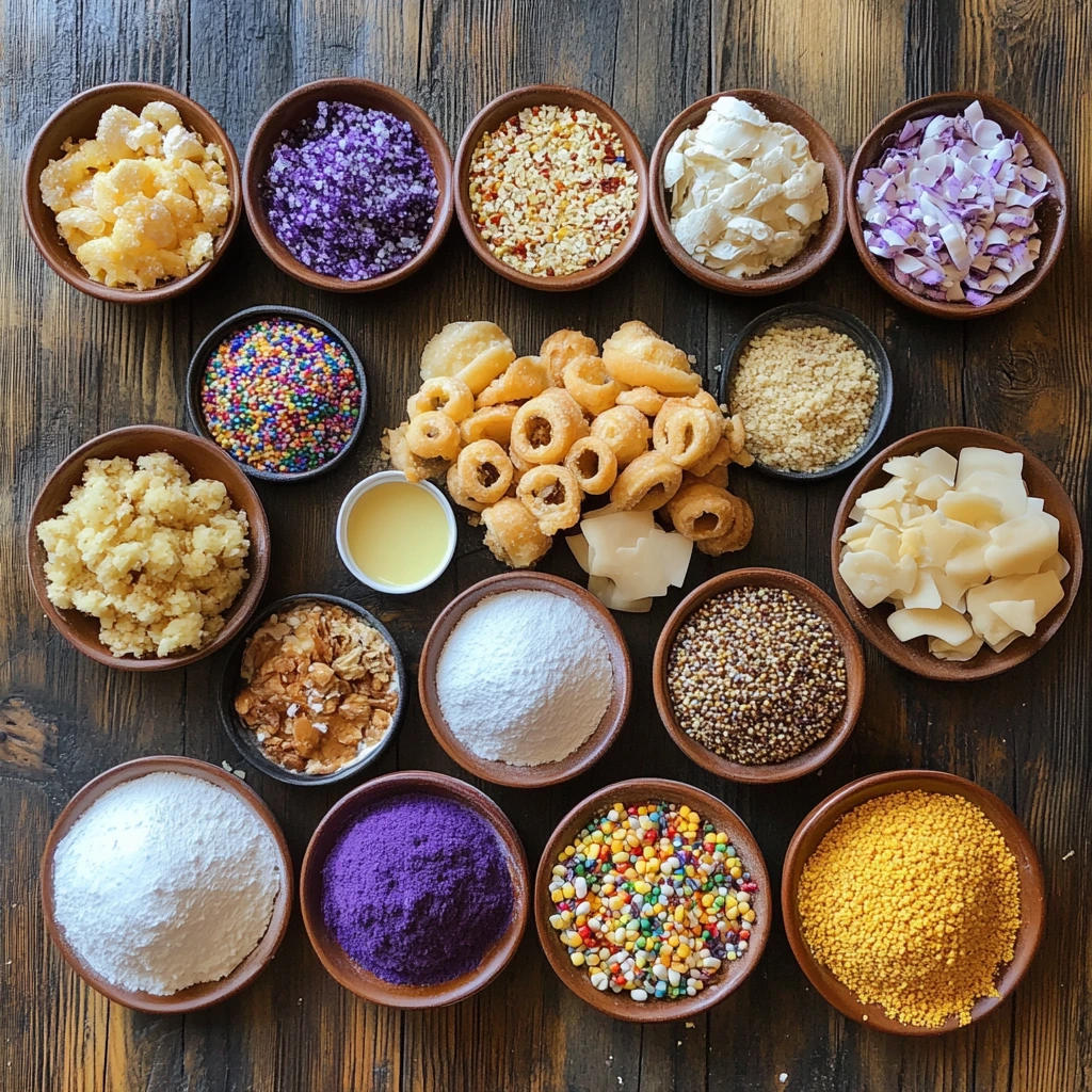 Ingredients for a traditional King Cake, including flour, sugar, eggs, cinnamon, butter, and colorful sprinkles.