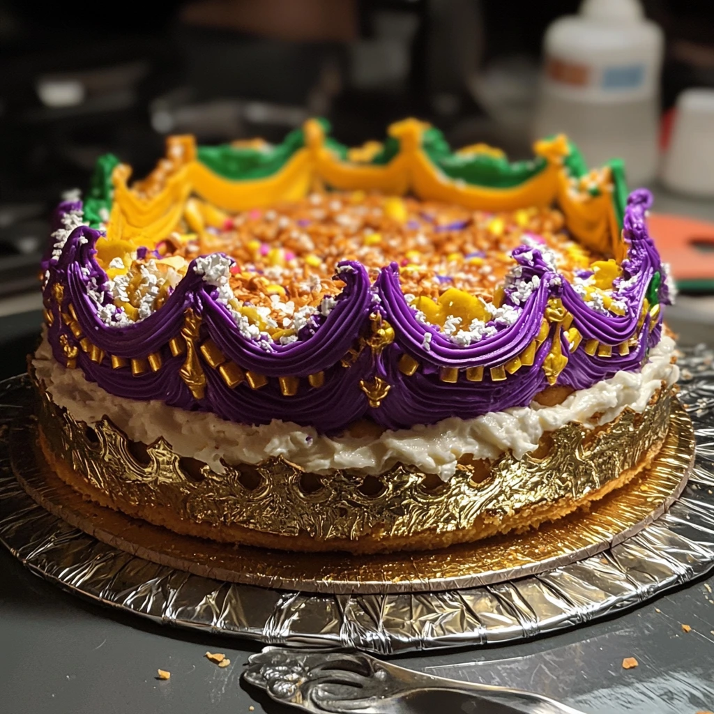 A traditional King Cake decorated with purple, green, and gold sugar, symbolizing the Mardi Gras celebration.