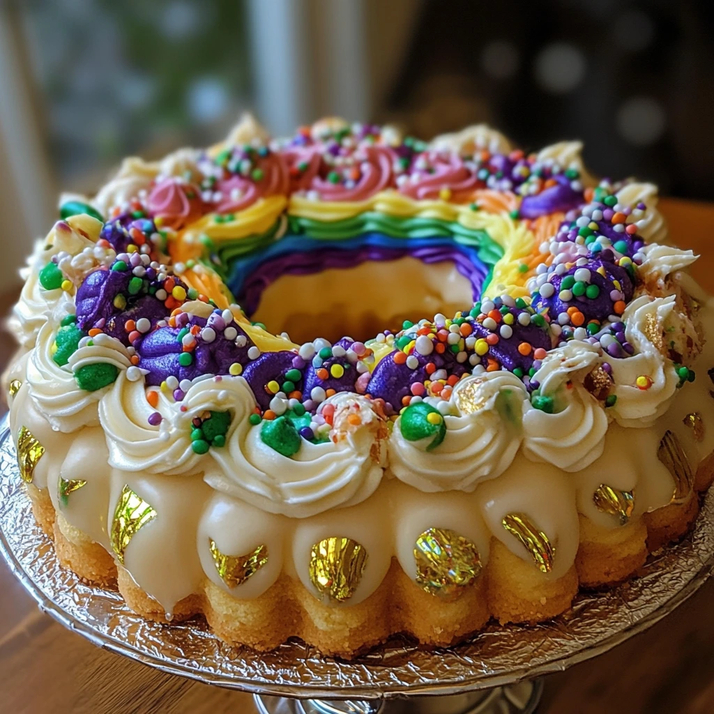 A King Cake filled with rich cream cheese and vanilla, topped with festive purple, green, and gold sugar.