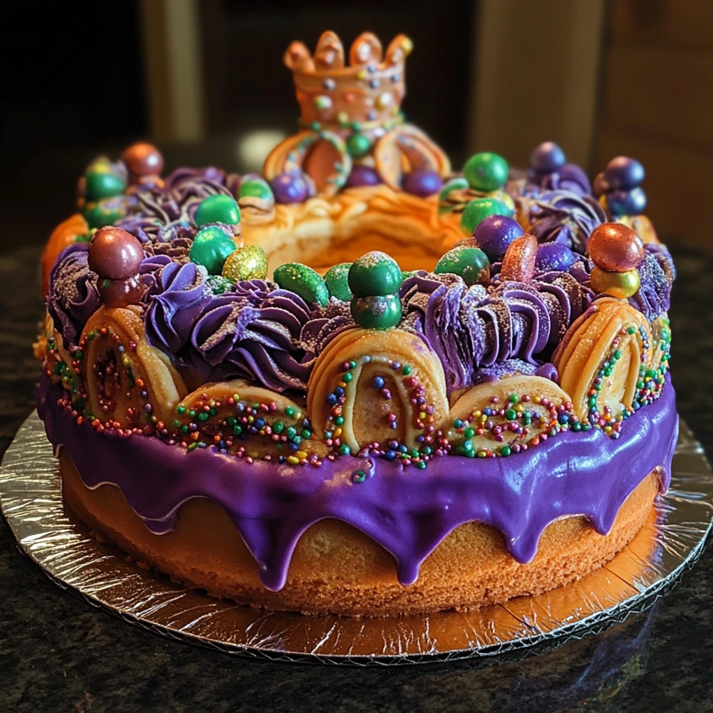 A festive King Cake served at a Mardi Gras party, decorated with purple, green, and gold sugar, surrounded by party decorations.