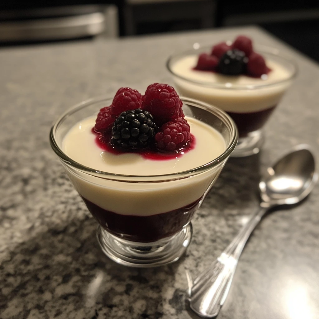 A glass serving of panna cotta with a smooth, creamy white layer on top of a rich berry compote, garnished with fresh raspberries and a blackberry, sitting on a marble countertop.