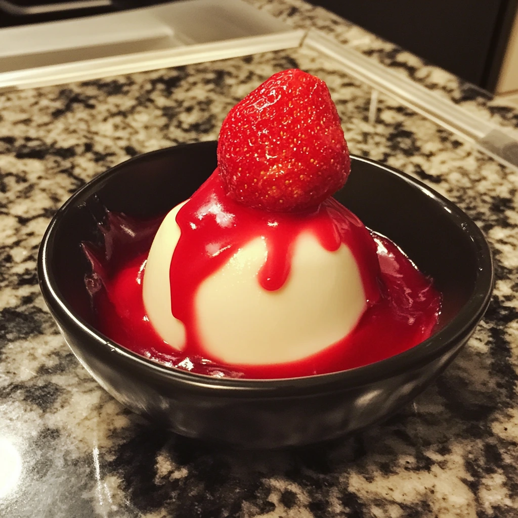 A dome-shaped panna cotta served in a black bowl, drizzled with a vibrant red berry sauce and topped with a fresh strawberry.