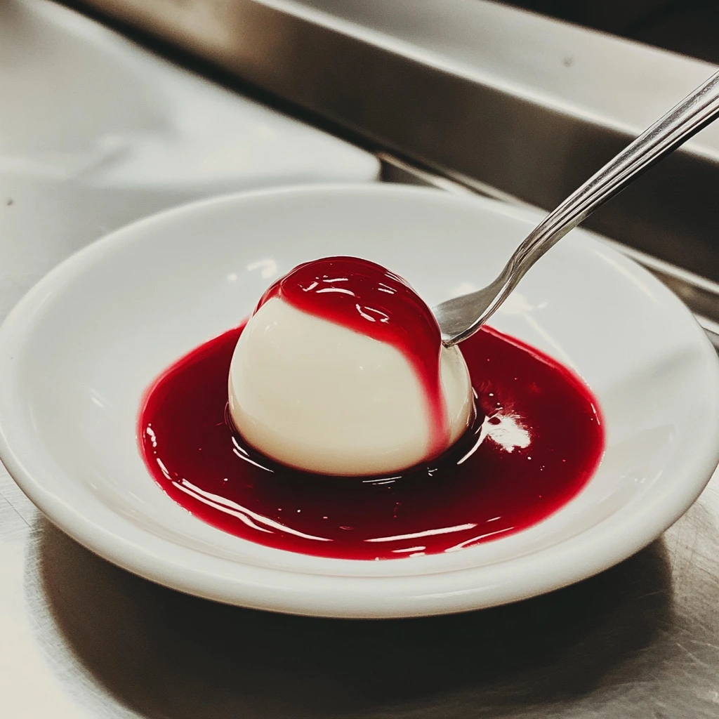 A creamy panna cotta drizzled with vibrant raspberry-flavored syrup.