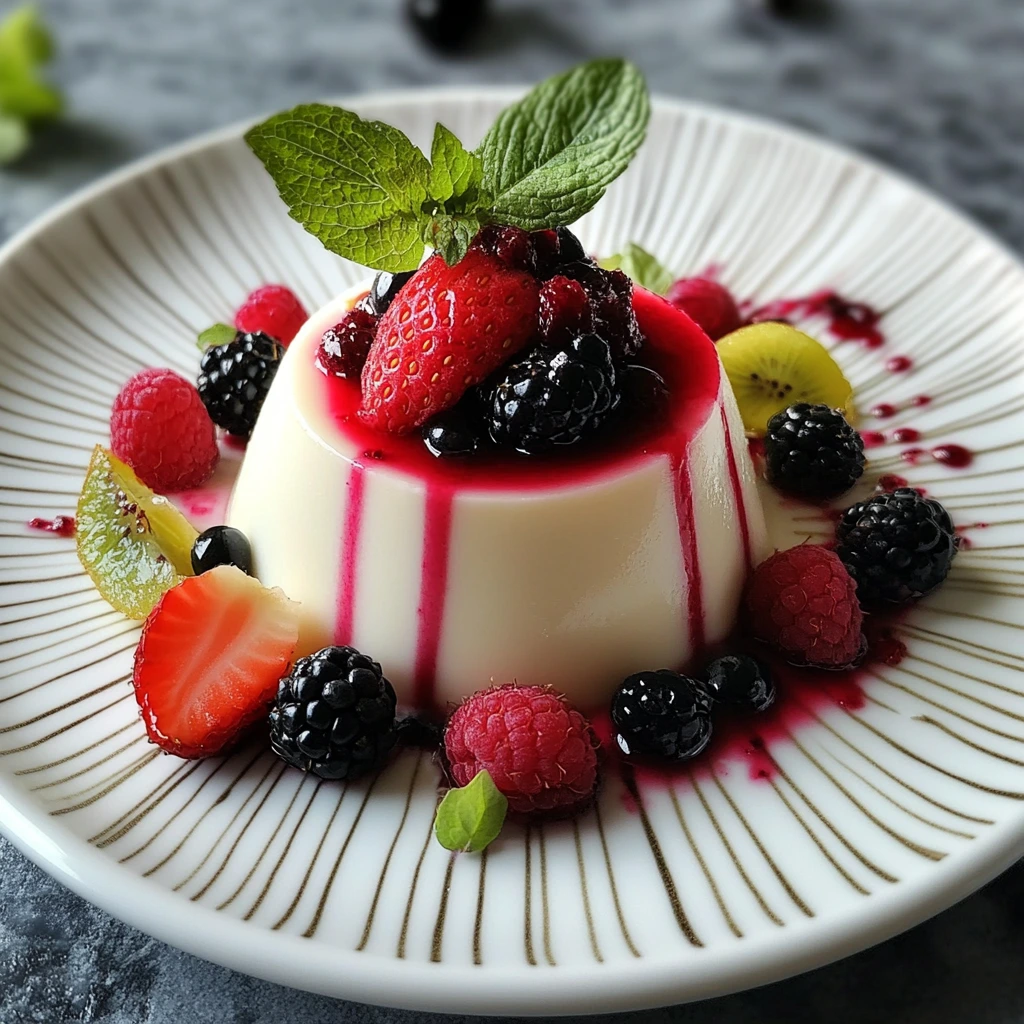 A creamy panna cotta served in a glass, topped with an assortment of fresh fruits like strawberries, blueberries, raspberries, and kiwi, garnished with mint leaves.