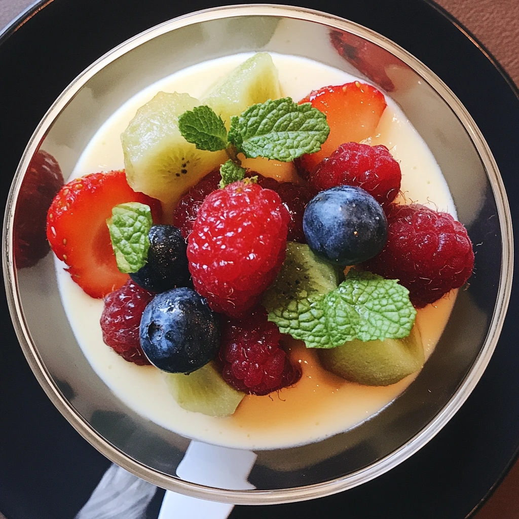 A glass serving of panna cotta topped with an assortment of fresh fruits, including raspberries, blueberries, strawberries, and kiwi, garnished with mint leaves, placed on a black plate.