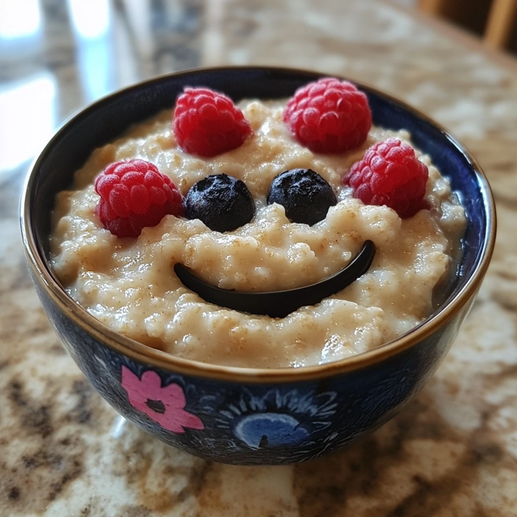 A bowl of gluten-free porridge topped with fresh raspberries and blueberries.