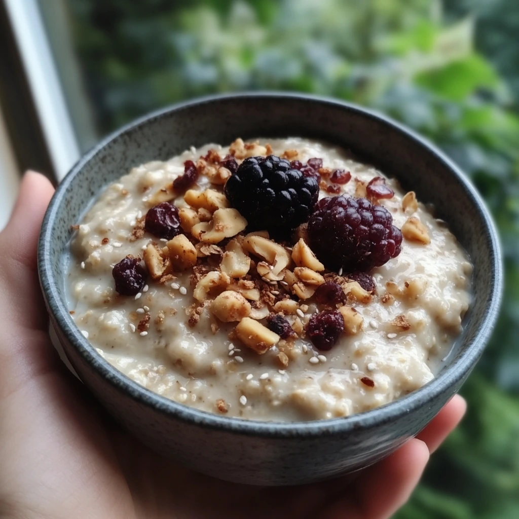 A bowl of creamy porridge topped with blackberries, chopped nuts, dried fruit, and sesame seeds, held in a person's hand near a window with green foliage in the background.