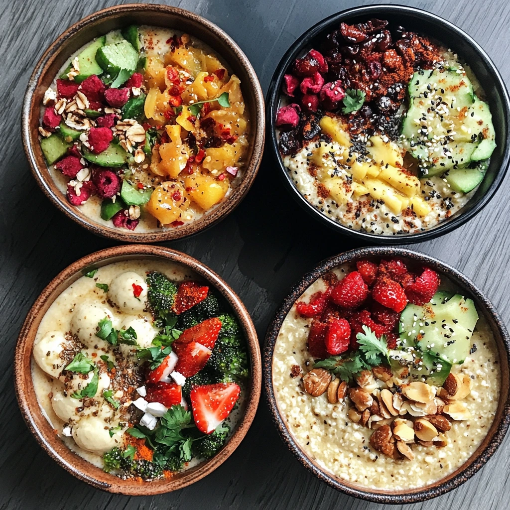 Four bowls of porridge with colorful toppings, including fresh fruits, nuts, seeds, vegetables, and herbs, placed on a dark wooden surface.