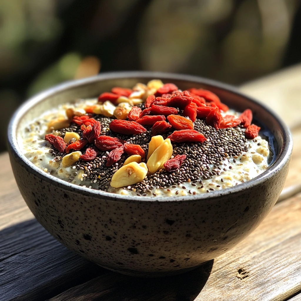 A bowl of creamy porridge topped with chia seeds, goji berries, and peanuts, placed on a wooden surface with sunlight filtering through the background.