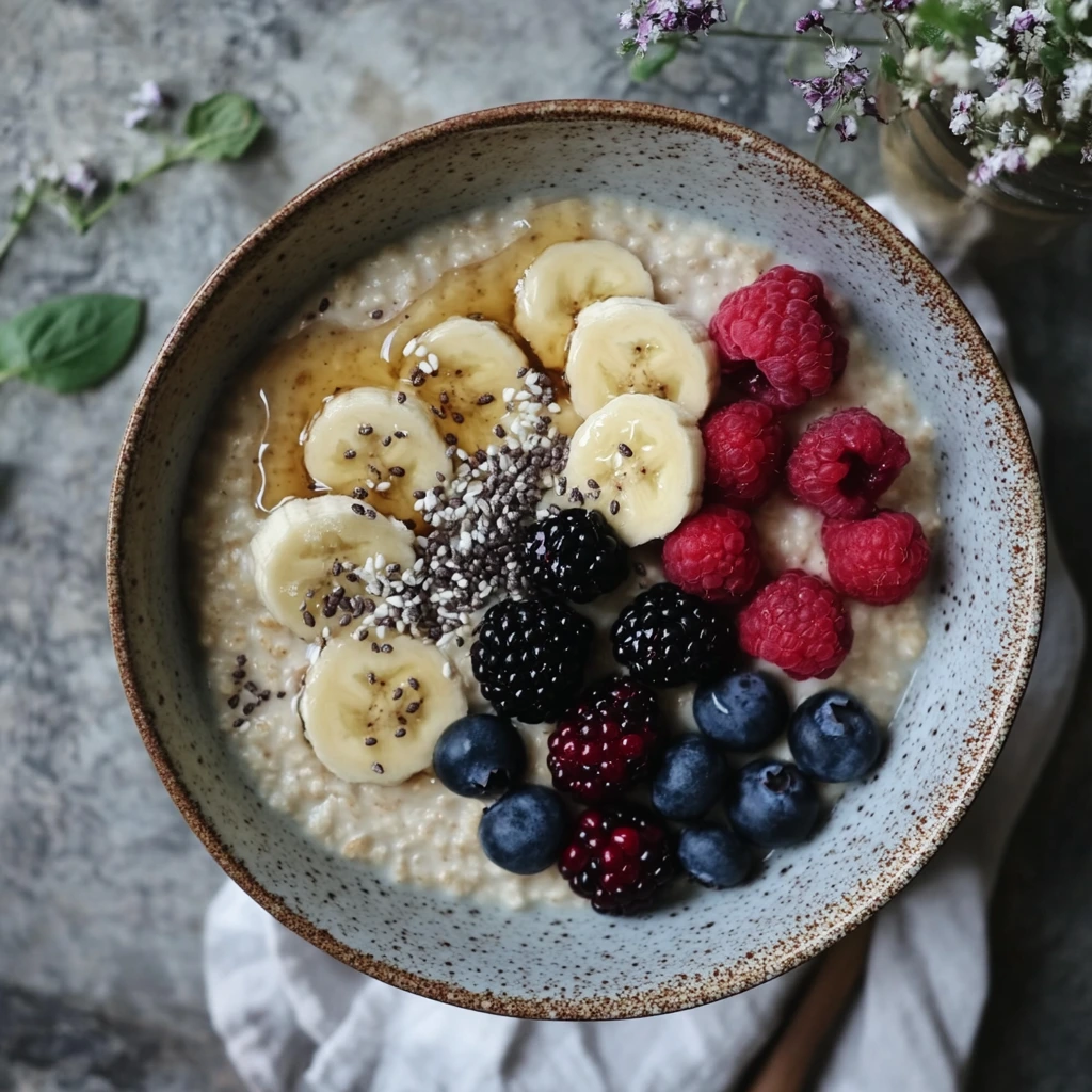 A bowl of creamy porridge topped with fresh berries, sliced bananas, and a drizzle of golden honey.