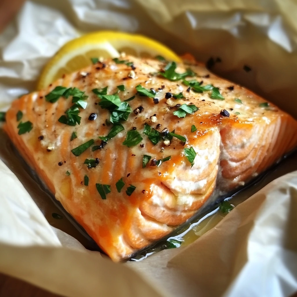 A beautifully cooked Salmon en Papillote with lemon slices and fresh herbs, wrapped in parchment paper for a flavorful and tender dish.