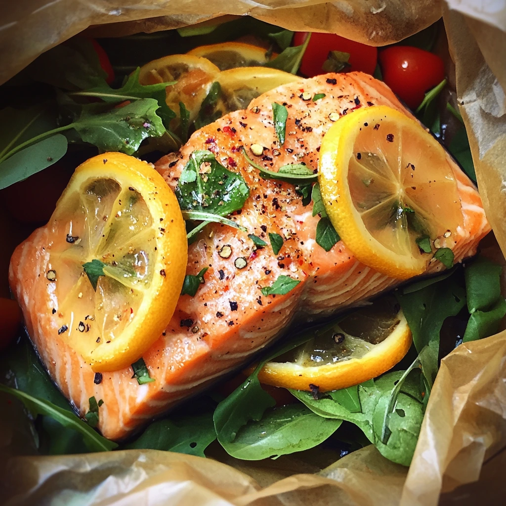 A close-up of a perfectly cooked Salmon en Papillote with lemon slices, fresh herbs, and cherry tomatoes, served on a bed of arugula.