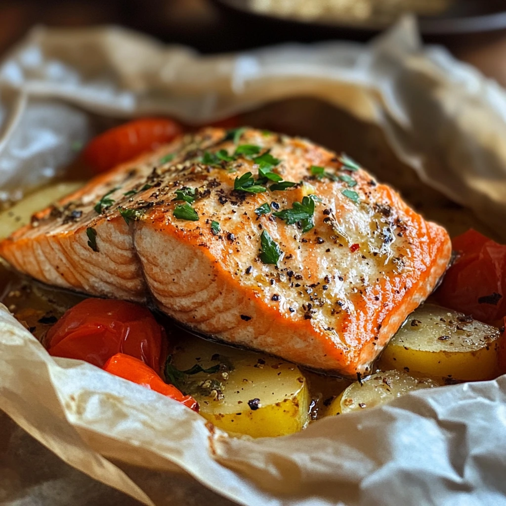 A close-up of Salmon en Papillote, featuring a tender fillet cooked with cherry tomatoes, sliced potatoes, fresh herbs, and seasonings, wrapped in parchment paper.