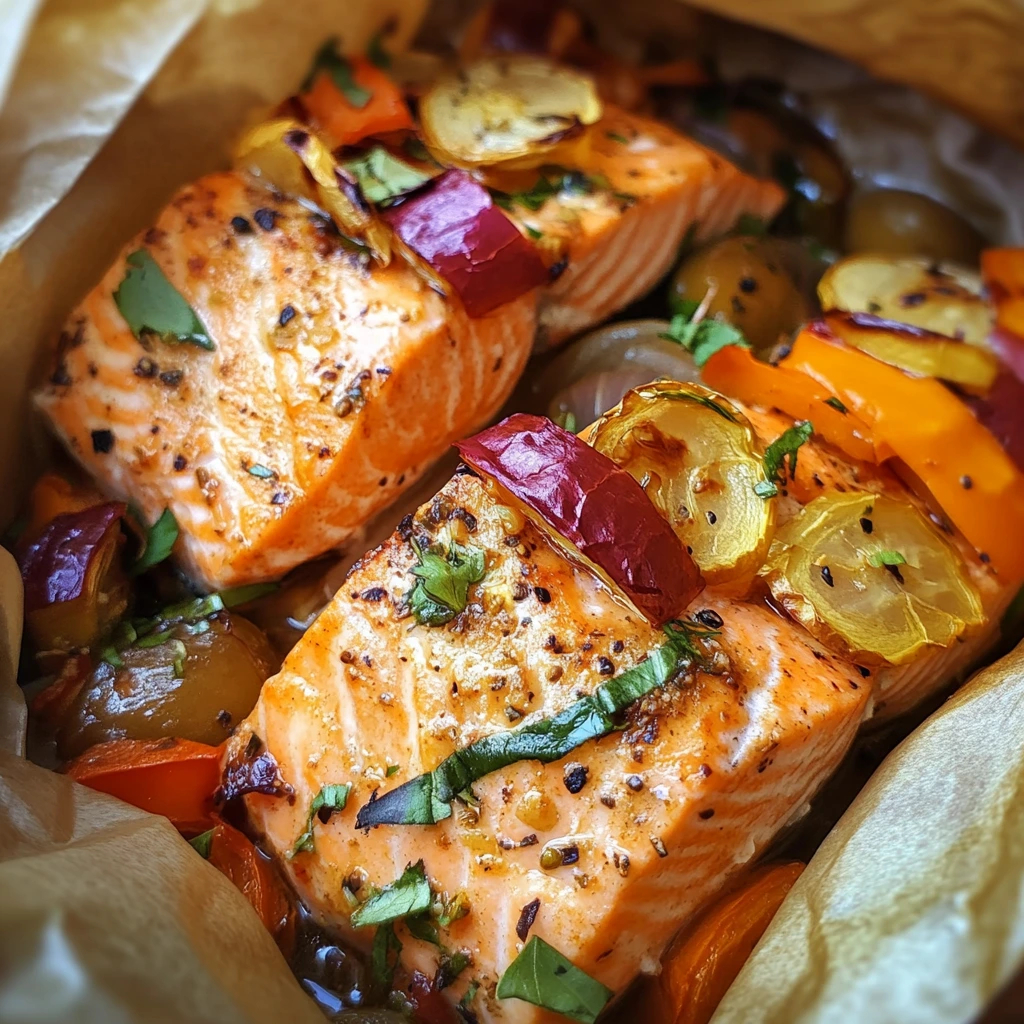 A close-up of Salmon en Papillote featuring two fillets cooked with roasted bell peppers, cherry tomatoes, olives, and fresh herbs in parchment paper.
