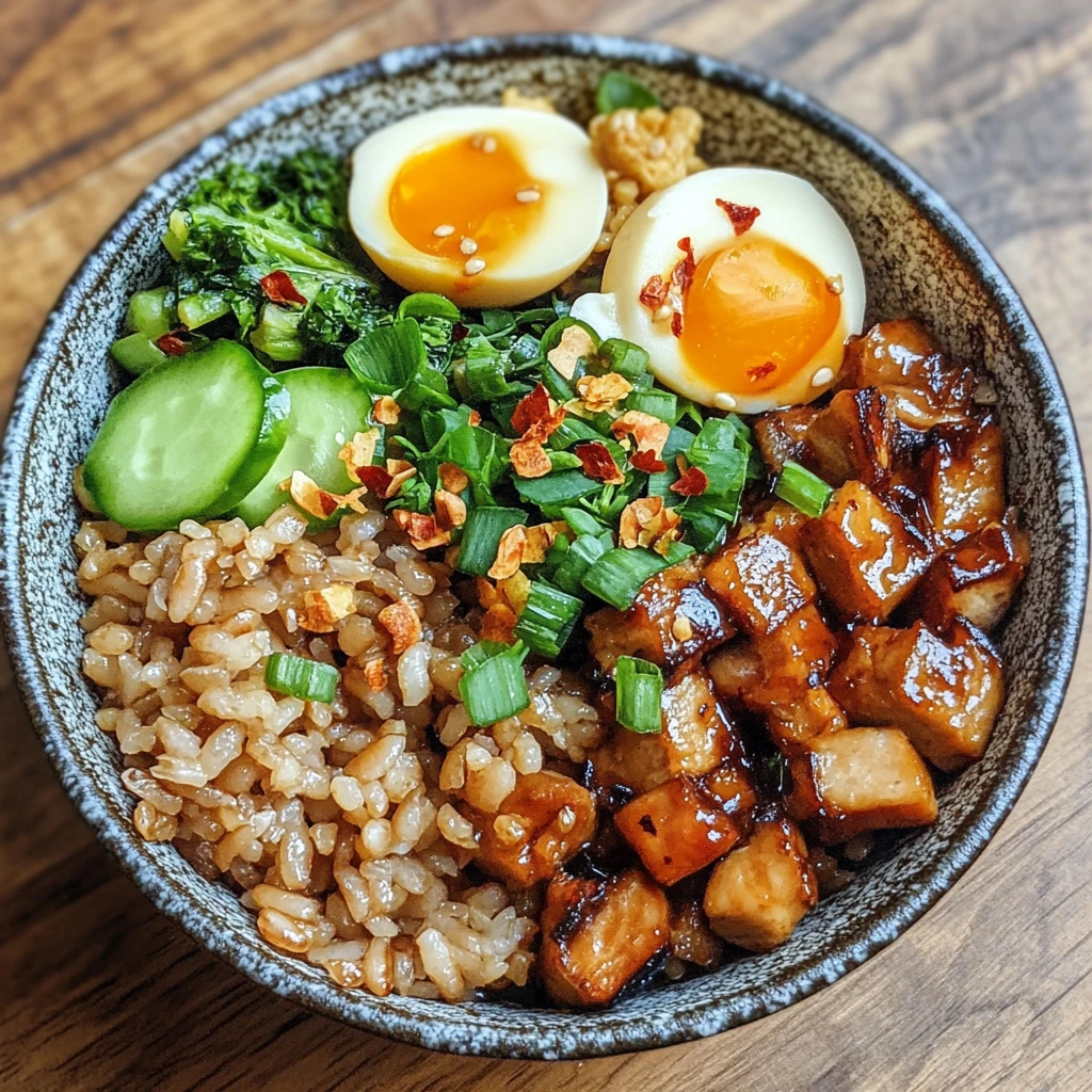 A flavorful brown rice bowl topped with glazed tofu, soft-boiled eggs, fresh cucumber slices, greens, and garnished with chili flakes and scallions.