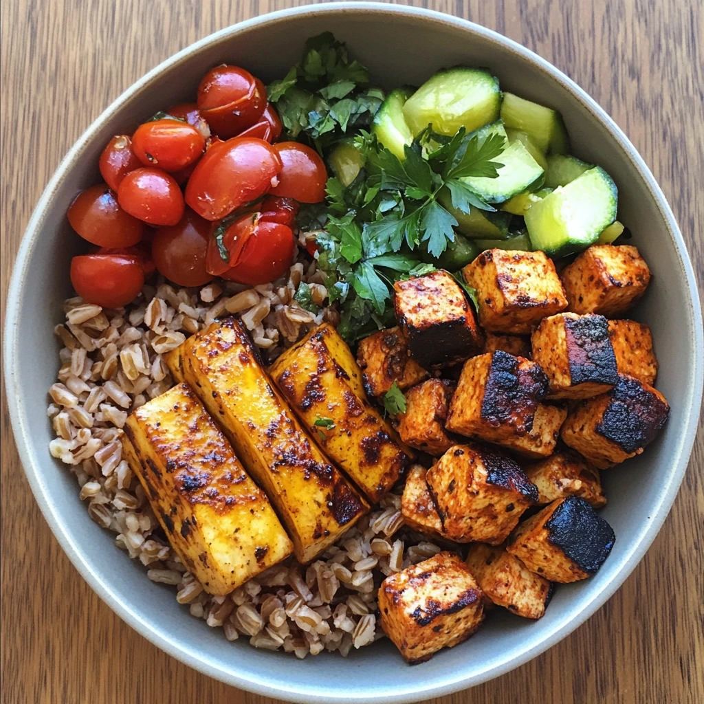 A Mediterranean-inspired brown rice bowl featuring grilled tofu, spicy roasted tofu cubes, cherry tomatoes, cucumber, and fresh parsley.