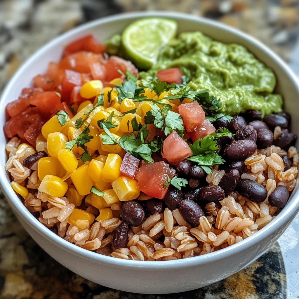 A colorful Mexican-inspired brown rice bowl with black beans, corn, diced tomatoes, fresh cilantro, guacamole, and a lime wedge.