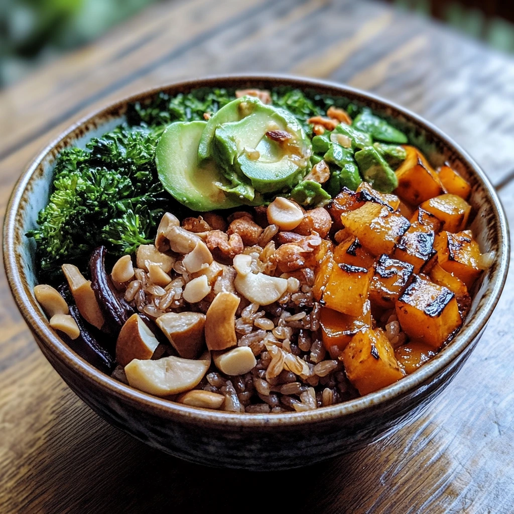 A wholesome brown rice bowl topped with bell peppers, avocado slices, nuts, and broccoli for a nutritious and flavorful meal.