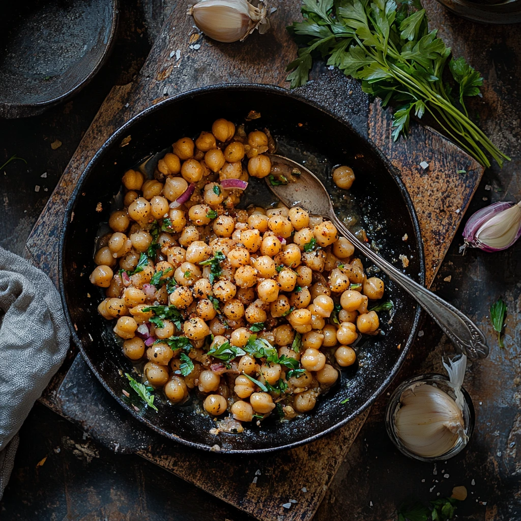 A rustic skillet filled with seasoned chickpeas, garnished with fresh parsley and red onion, with garlic cloves and herbs scattered around.