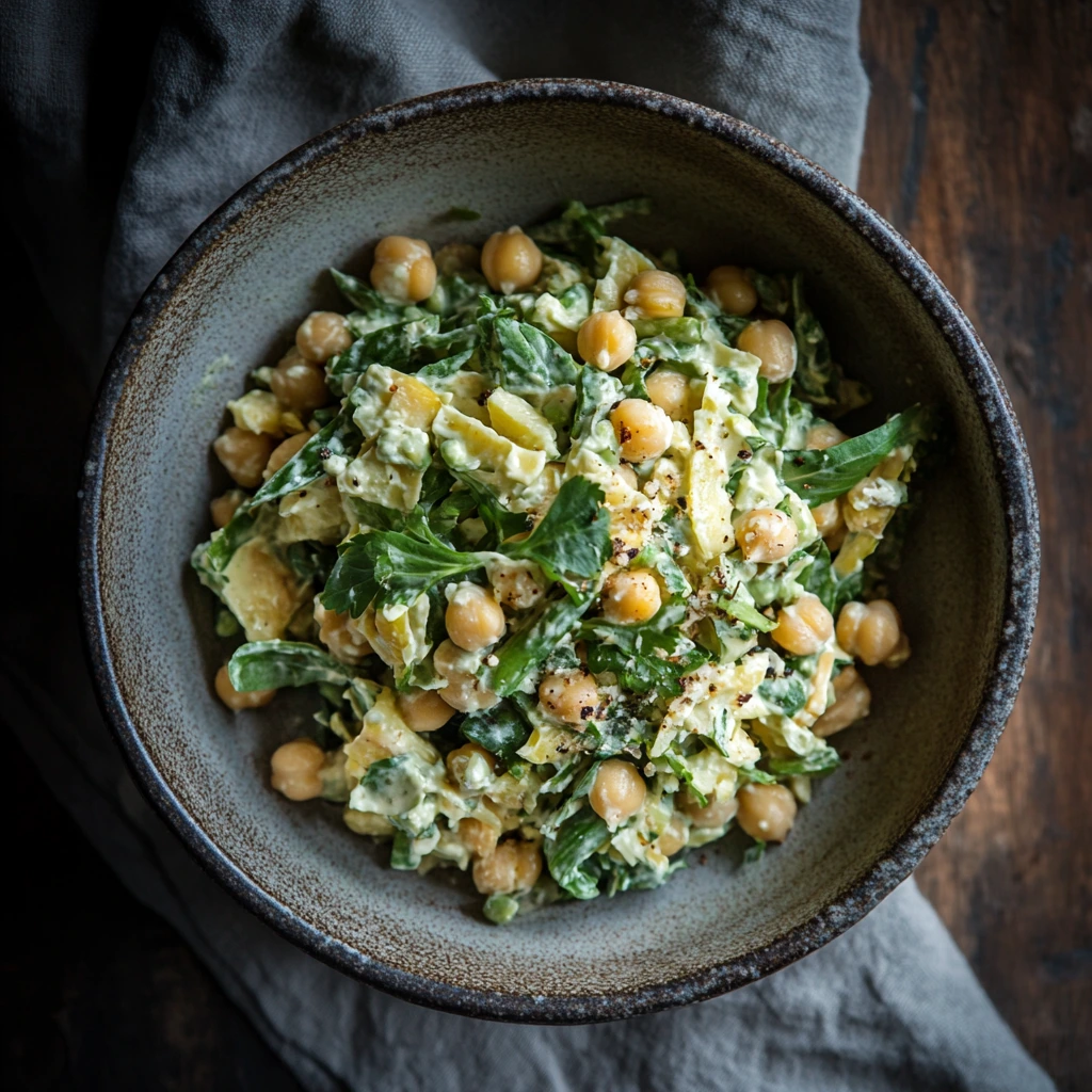 A colorful, nutrient-packed chickpea salad with fresh greens, yellow bell peppers, and a creamy dressing, served in a rustic bowl.