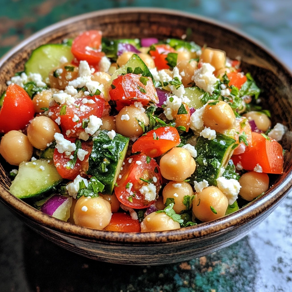 A vibrant Mediterranean-inspired chickpea salad with cherry tomatoes, cucumbers, red onions, feta cheese, and fresh parsley, drizzled with olive oil and lemon juice.