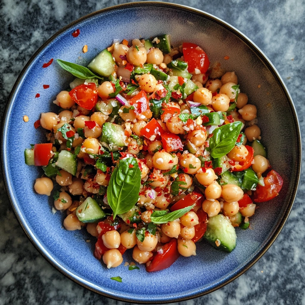 A hearty protein-packed chickpea salad with chickpeas, quinoa, cherry tomatoes, cucumbers, and a lemon-tahini dressing.