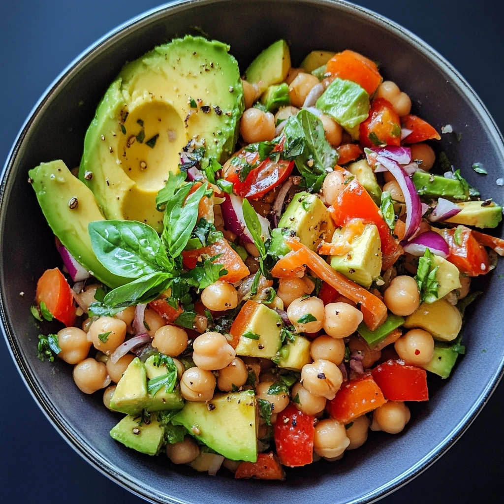 A creamy vegan chickpea salad with avocado, cherry tomatoes, red onion, and fresh cilantro, served in a bowl.