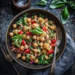 A vibrant chickpea salad with cherry tomatoes, cucumbers, quinoa, fresh basil, and crispy croutons, garnished with red pepper flakes and served in a rustic bowl.