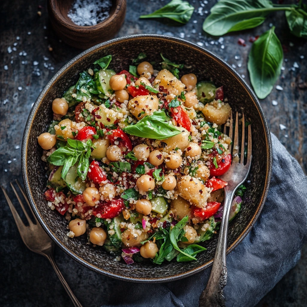 A vibrant chickpea salad with cherry tomatoes, cucumbers, quinoa, fresh basil, and crispy croutons, garnished with red pepper flakes and served in a rustic bowl.