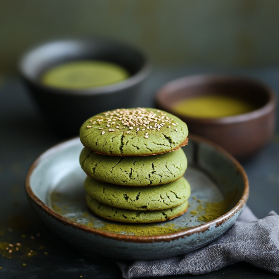 A stack of four green matcha cookies with golden sesame seeds on top, served on a rustic ceramic plate. Two bowls of matcha tea are blurred in the background.